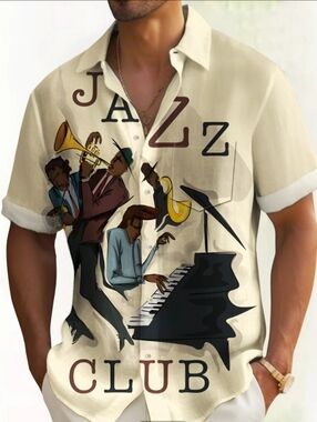 Royaura Men's Size 3XL Beige Jazz Club Graphic Short-Sleeve Shirt